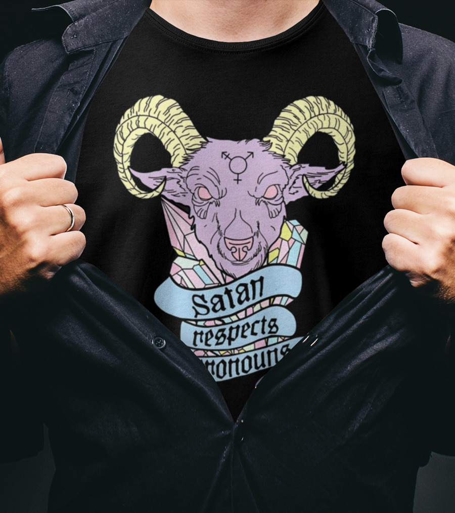 Satan Respects Pronouns Pastel Goat Head With Horns And Gender Symbols T-Shirt