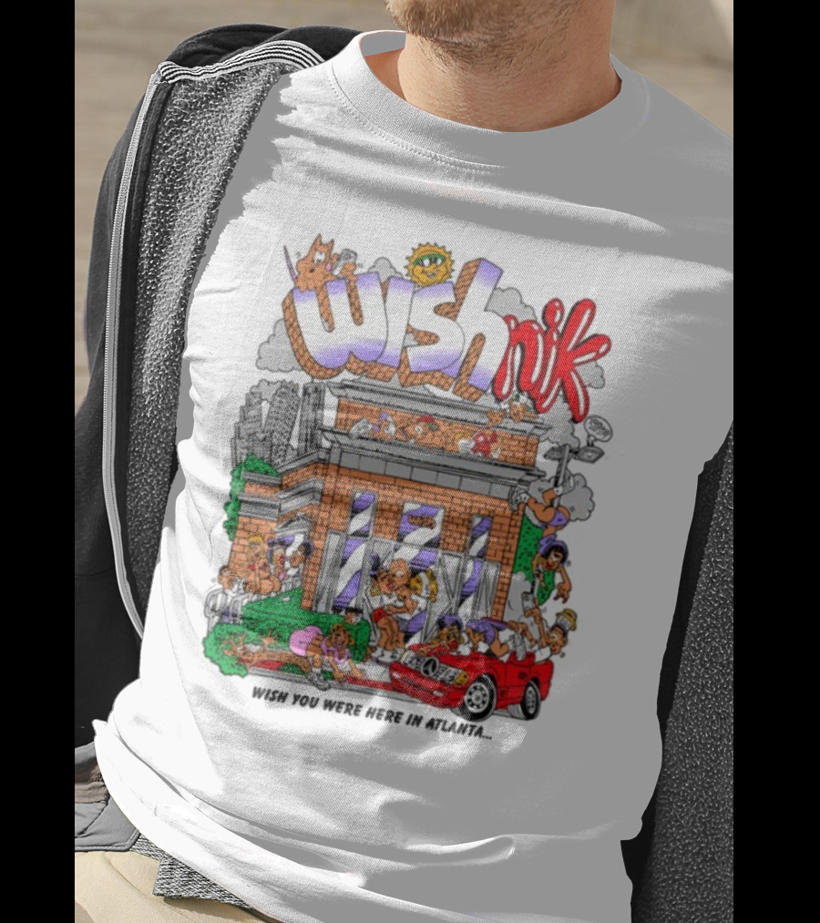 Wishnik Wish You Were Here In Atlanta Cartoon Car Crowd Scene T-Shirt