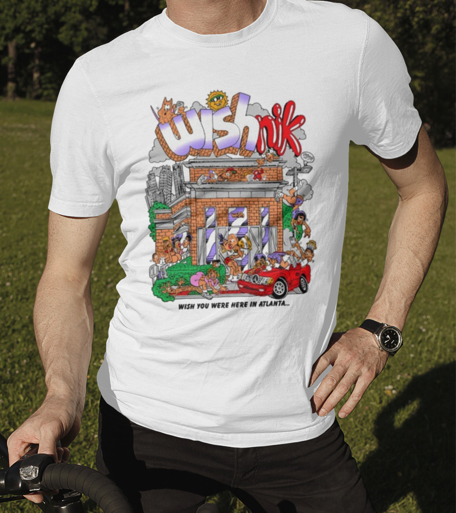 Wishnik Wish You Were Here In Atlanta Cartoon Car Crowd Scene T-Shirt