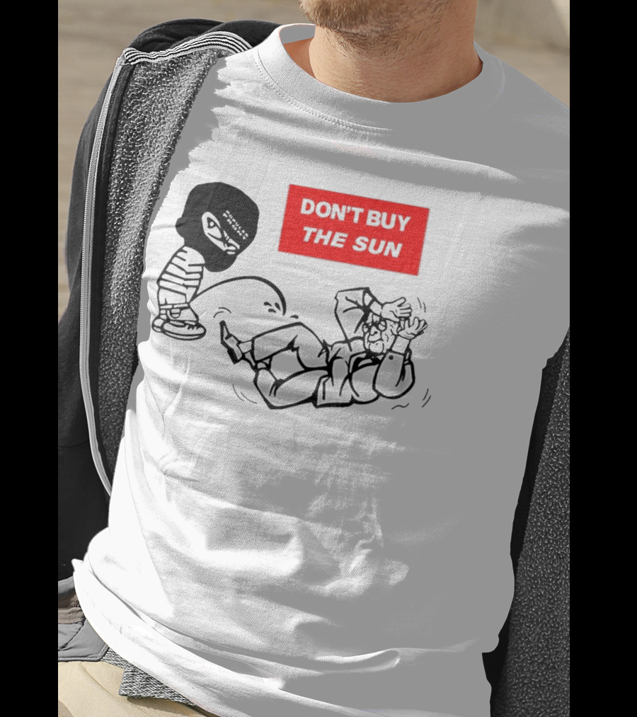 Don't Buy The Sun Graphic With Cartoon Character And Masked Figure Mocking Gesture T-Shirt