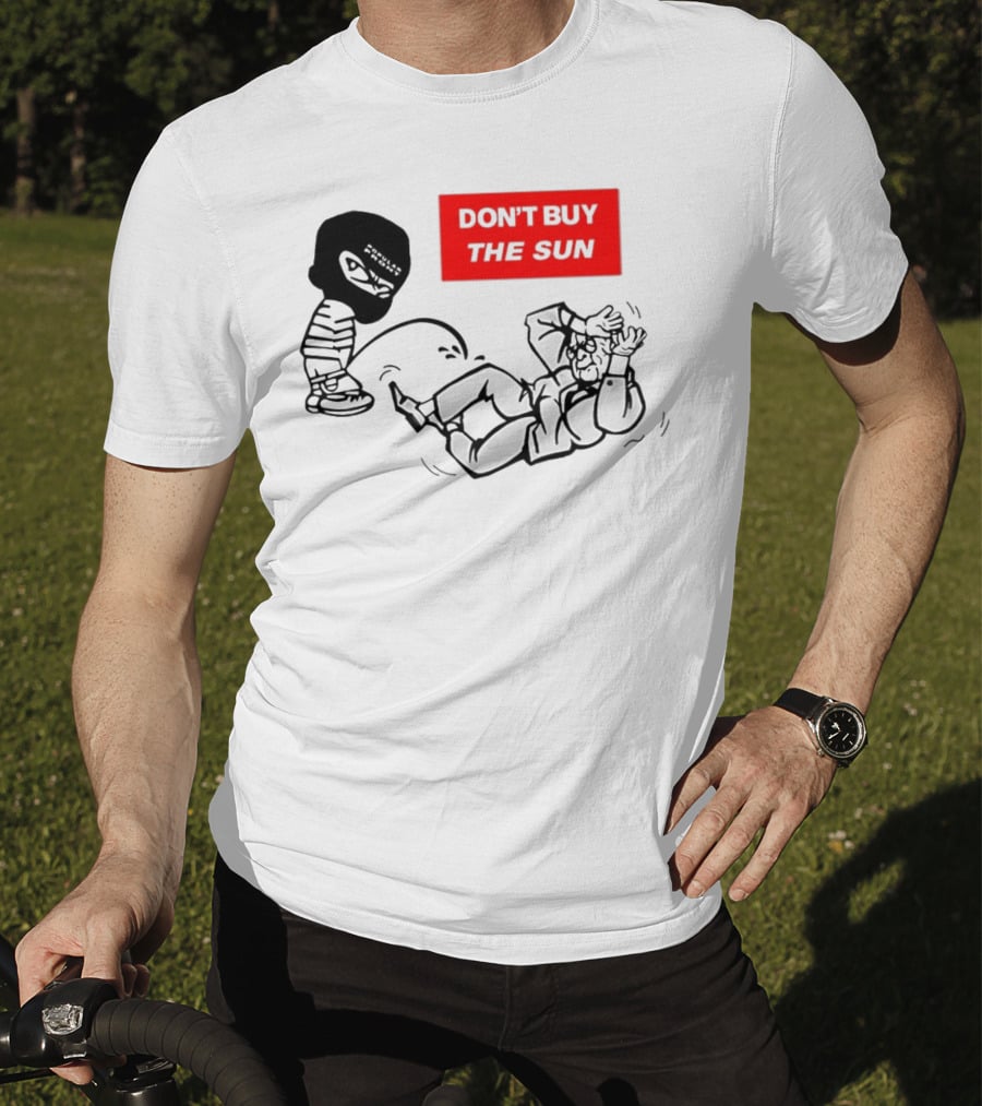 Don't Buy The Sun Graphic With Cartoon Character And Masked Figure Mocking Gesture T-Shirt