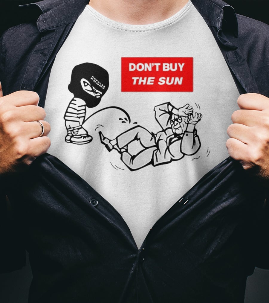 Don't Buy The Sun Graphic With Cartoon Character And Masked Figure Mocking Gesture T-Shirt