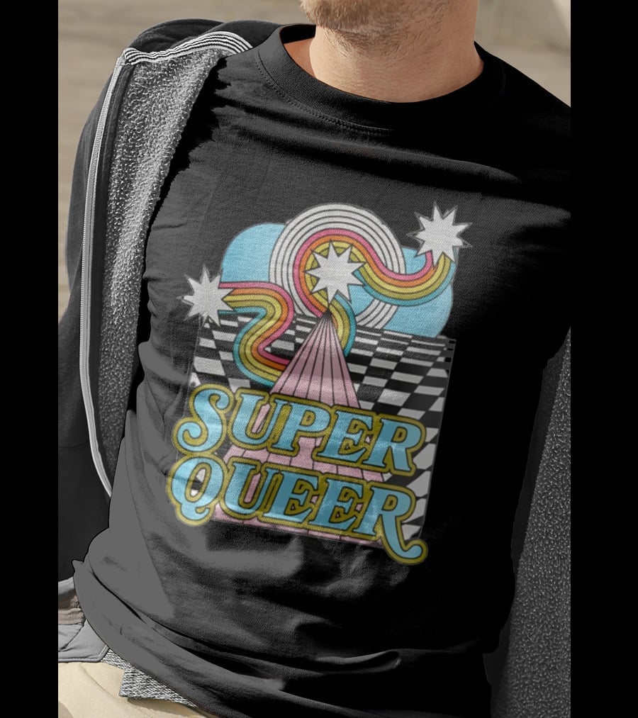 Super Queer Retro Rainbow Starburst Checkered Sky Burst T-Shirt