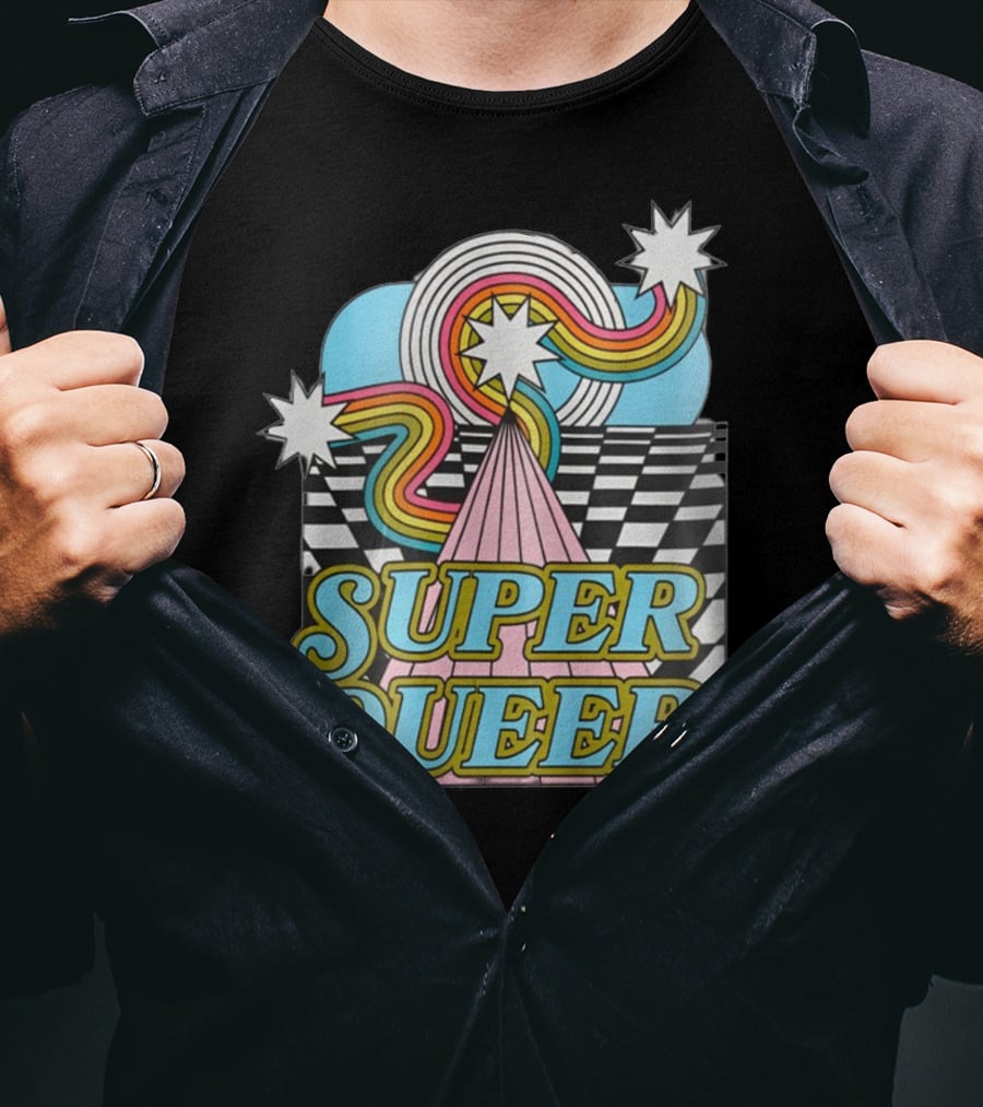 Super Queer Retro Rainbow Starburst Checkered Sky Burst T-Shirt