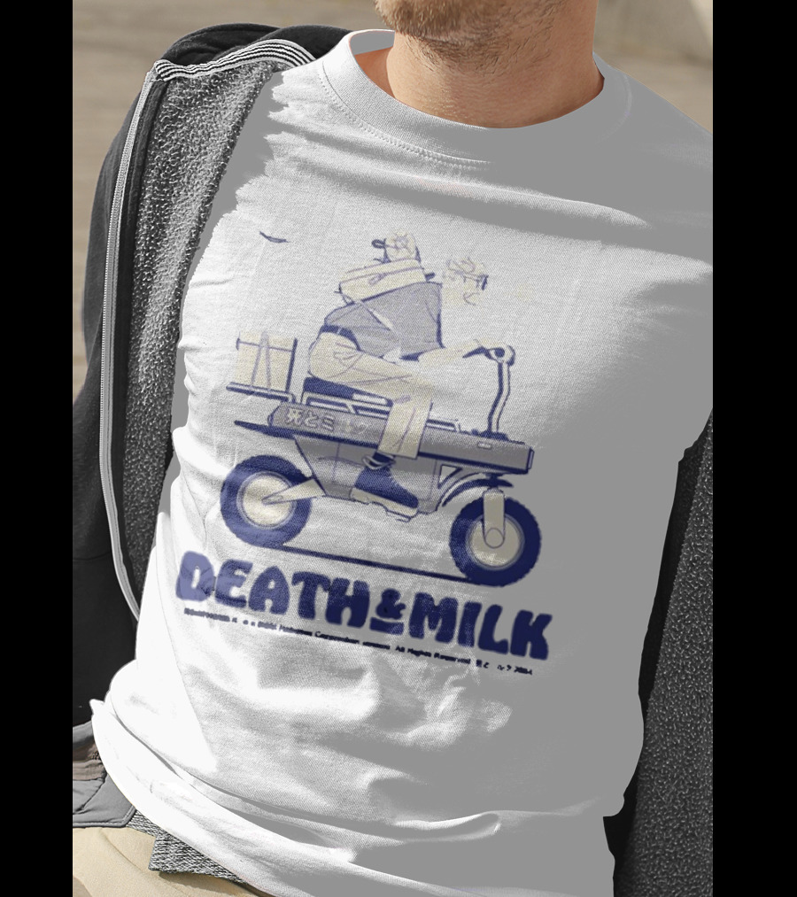 Death And Milk Riding Scooter With Package And Japanese Text T-Shirt