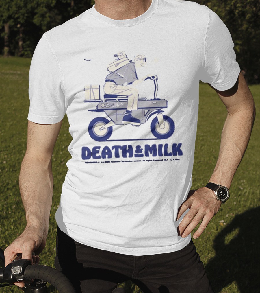 Death And Milk Riding Scooter With Package And Japanese Text T-Shirt