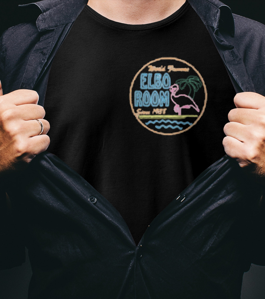 World Famous Elbo Room Since 1938 Neon Flamingo And Palm Tree T-Shirt