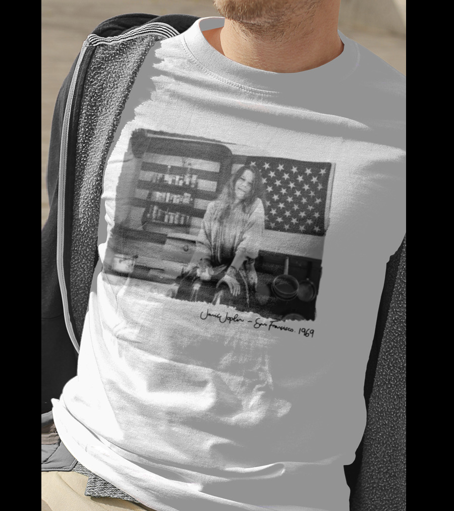 Janis Joplin San Francisco 1969 Kitchen Scene With American Flag T-Shirt