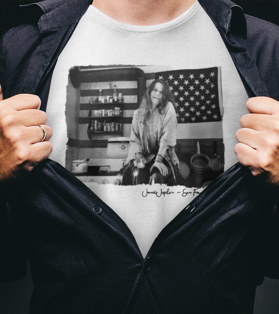 Janis Joplin San Francisco 1969 Kitchen Scene With American Flag T-Shirt