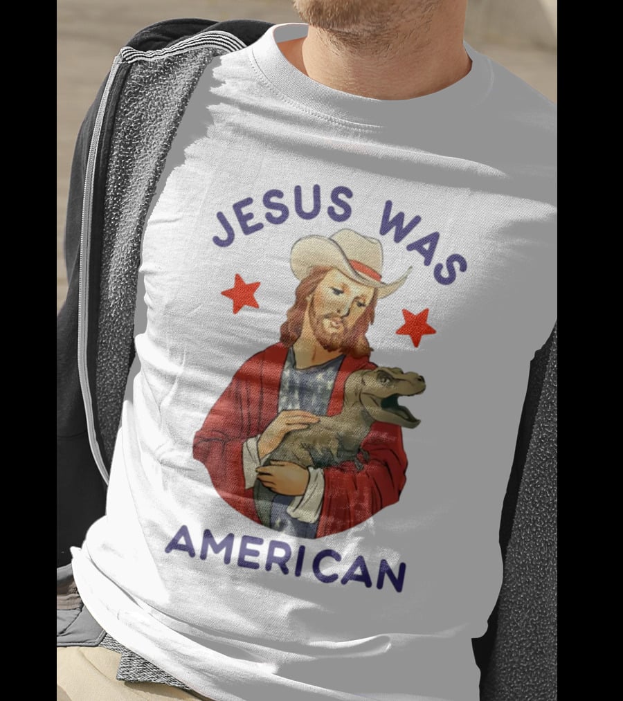 Jesus Was American Holding Dinosaur In Cowboy Hat With Stars T-Shirt