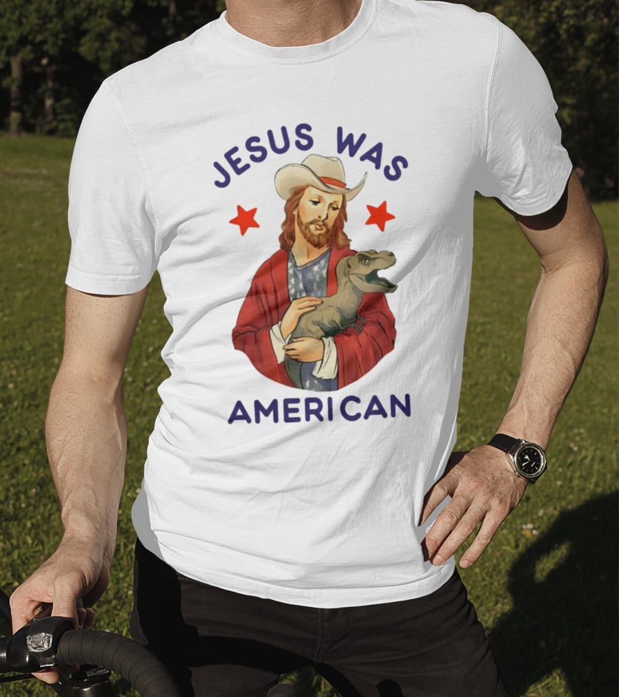 Jesus Was American Holding Dinosaur In Cowboy Hat With Stars T-Shirt
