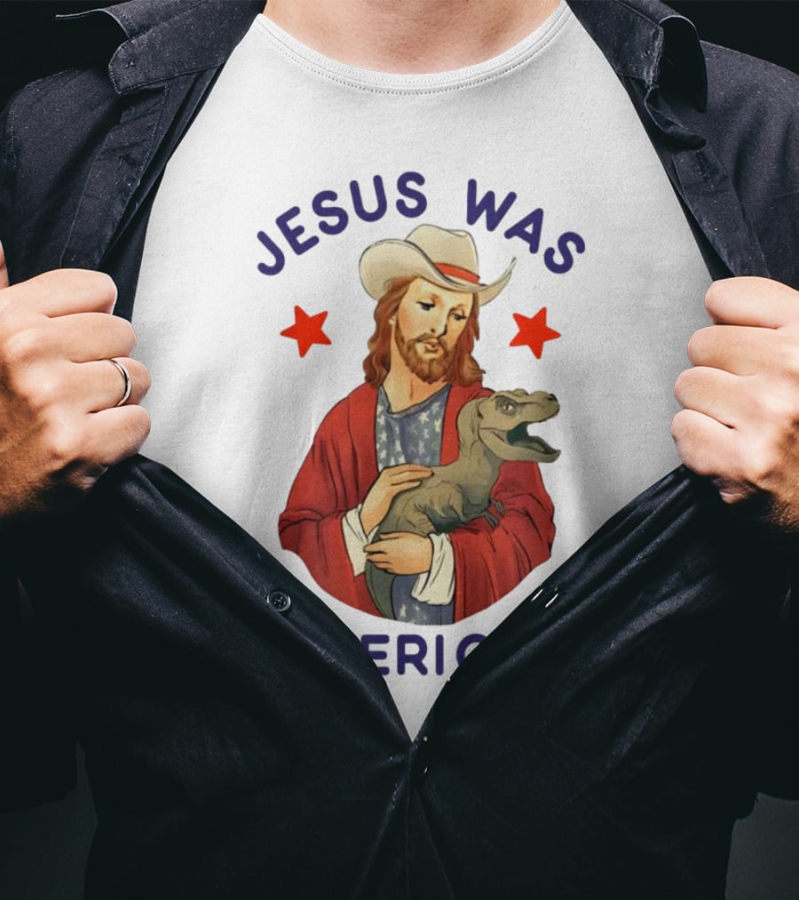 Jesus Was American Holding Dinosaur In Cowboy Hat With Stars T-Shirt