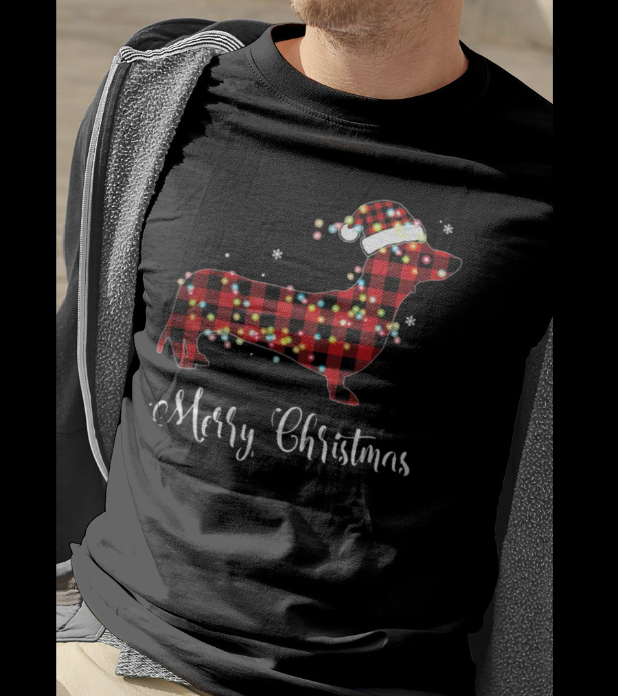 Merry Christmas Red Plaid Buffalo Dachshund With Santa Hat And Lights T-Shirt