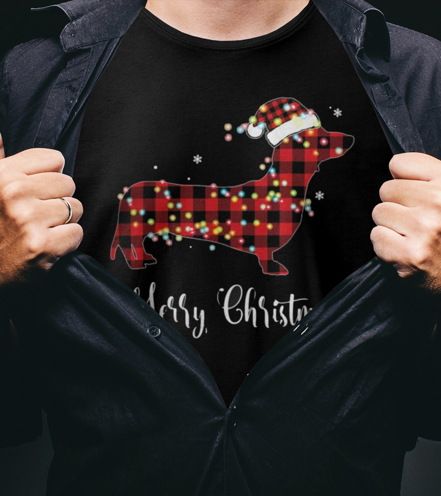 Merry Christmas Red Plaid Buffalo Dachshund With Santa Hat And Lights T-Shirt