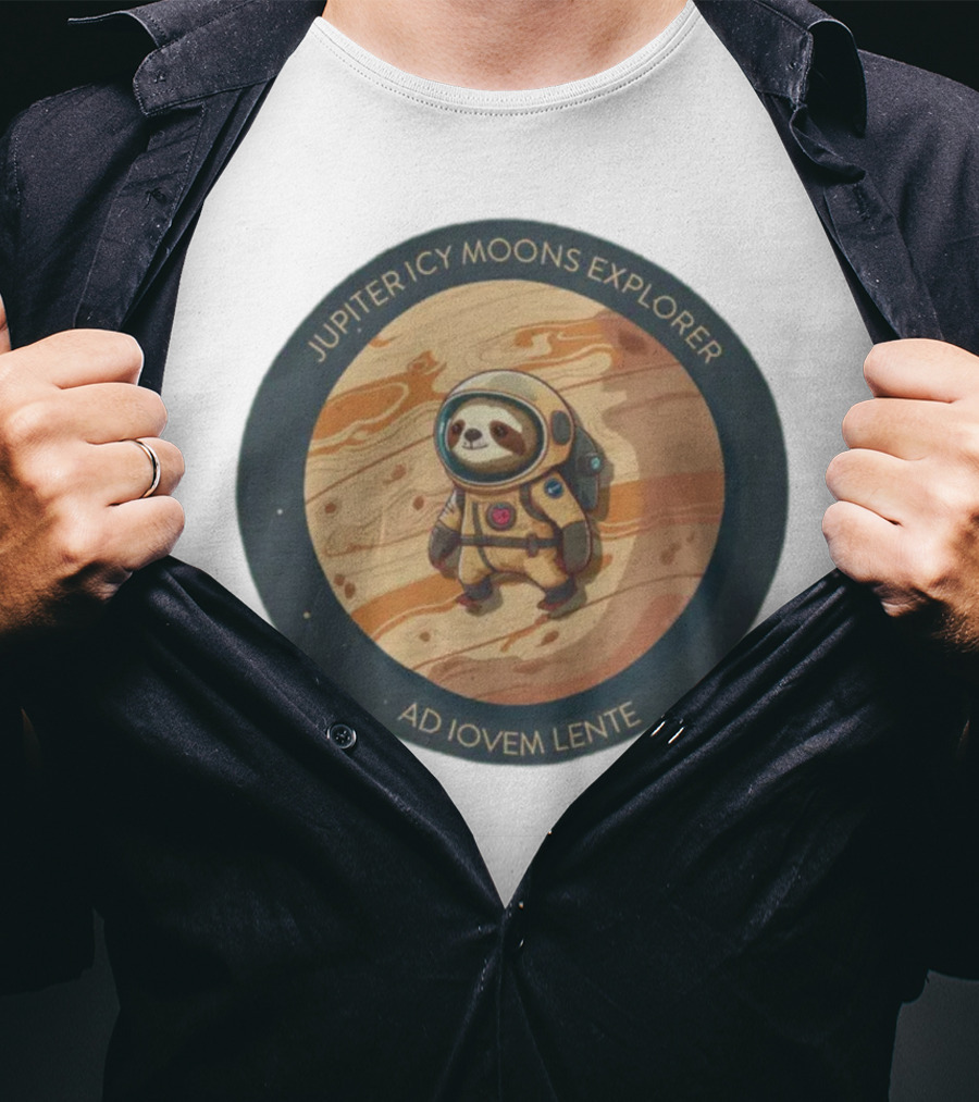 Jupiter Icy Moons Explorer Ad Iovem Lente Space Sloth In Astronaut Suit T-Shirt