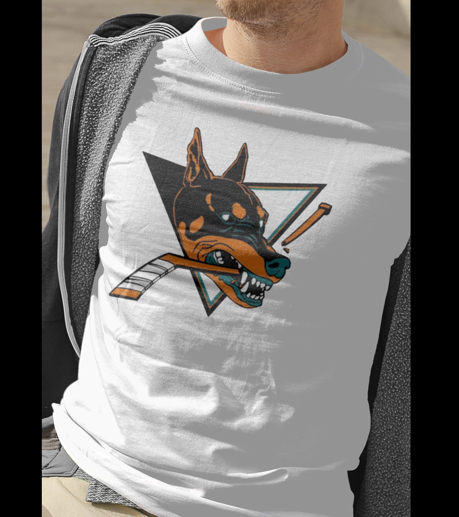 Kayzo San Jose Dogs Hockey Iconic Doberman Logo With Hockey Sticks T-Shirt