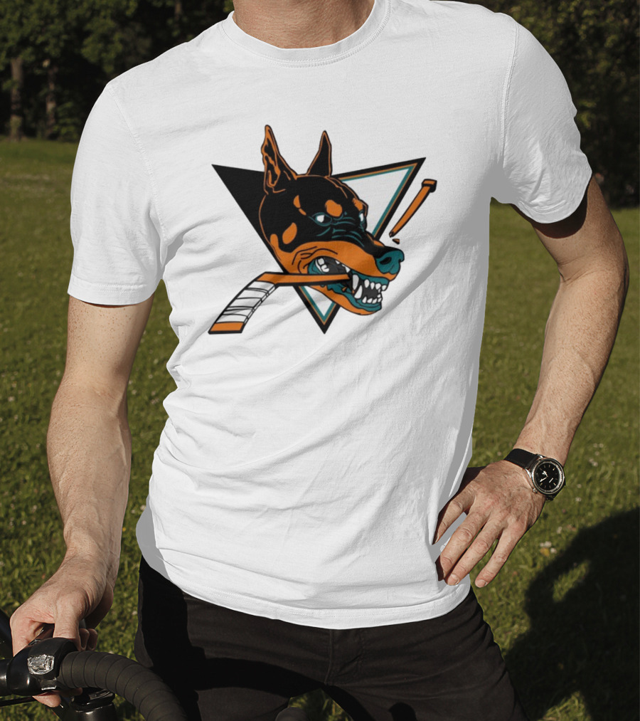 Kayzo San Jose Dogs Hockey Iconic Doberman Logo With Hockey Sticks T-Shirt