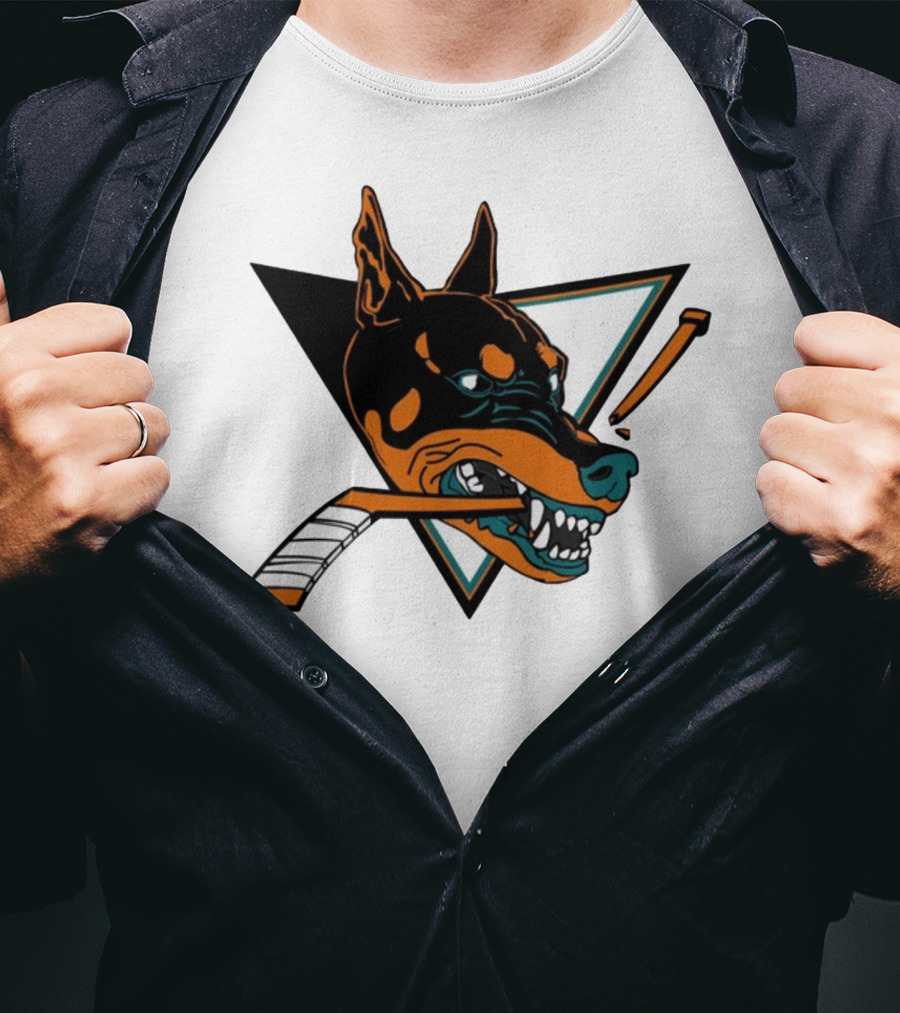 Kayzo San Jose Dogs Hockey Iconic Doberman Logo With Hockey Sticks T-Shirt
