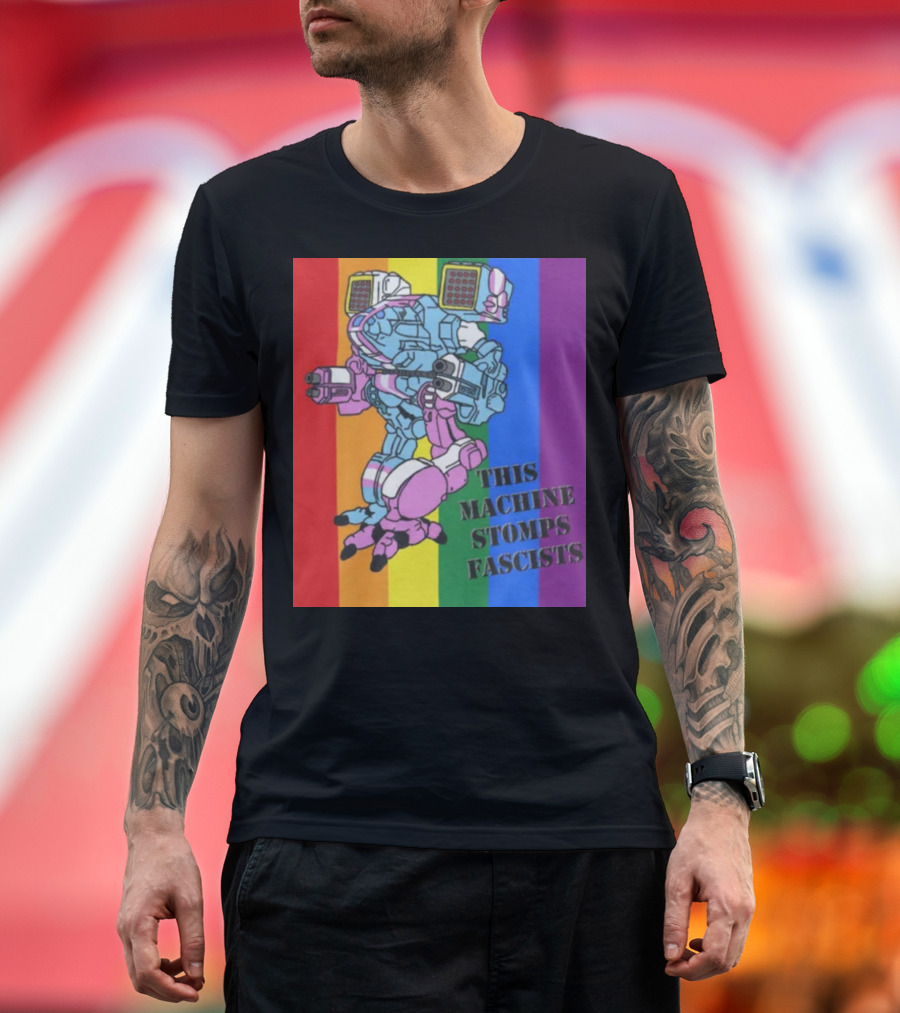 This Machine Stomps Fascists Mech Rainbow Stripes T-Shirt