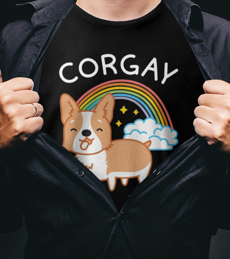 Corgay Rainbow Clouds And Stars With Corgi T-Shirt