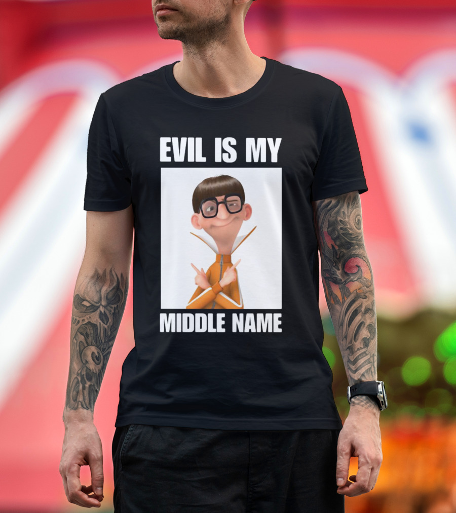 Evil Is My Middle Name Animated Character with Orange Outfit and Glasses T-Shirt