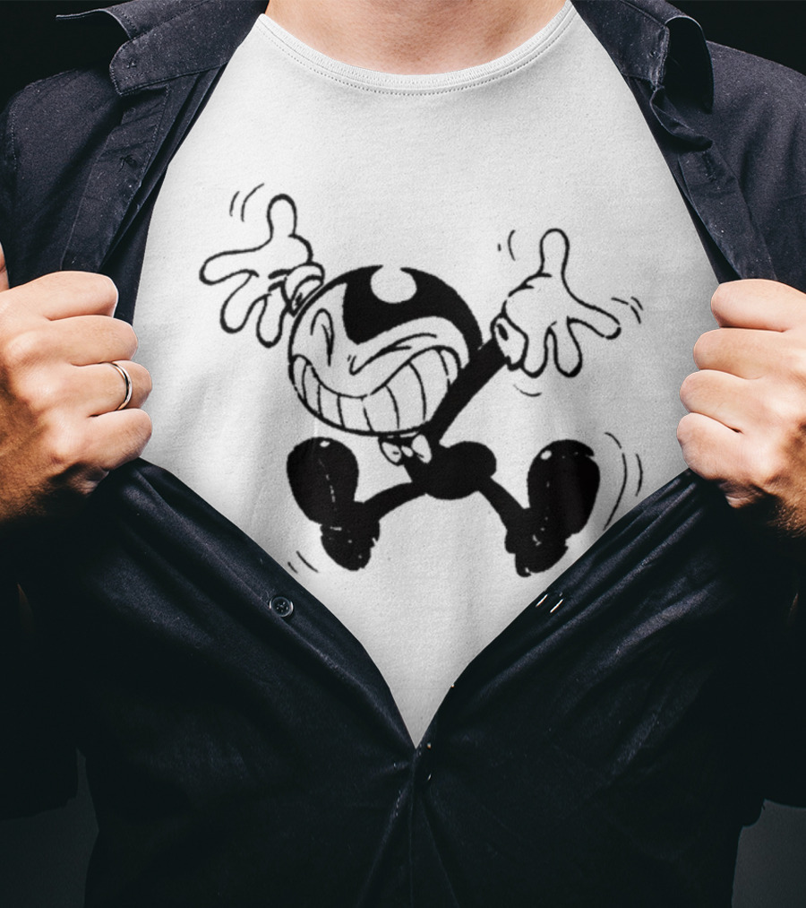 Bendy Jumping Smiling Animated Character Ringer T-Shirt
