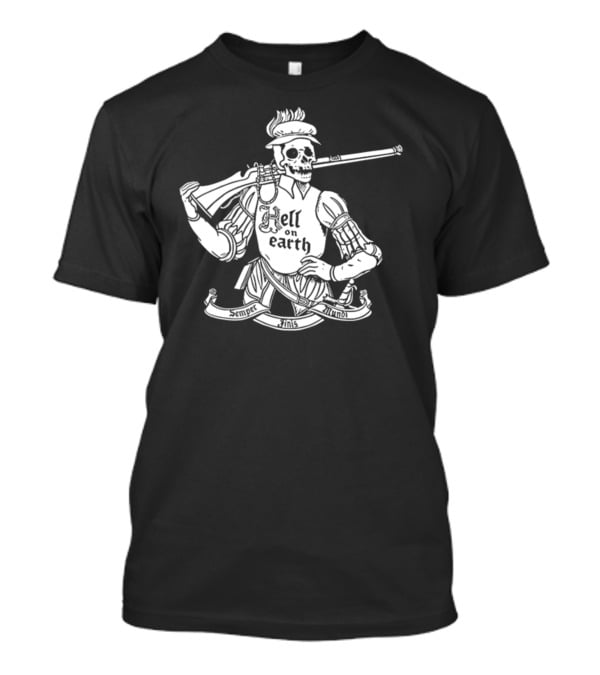 Hell On Earth Semper Finis Mundoi Skeleton Holding Rifle T-Shirt