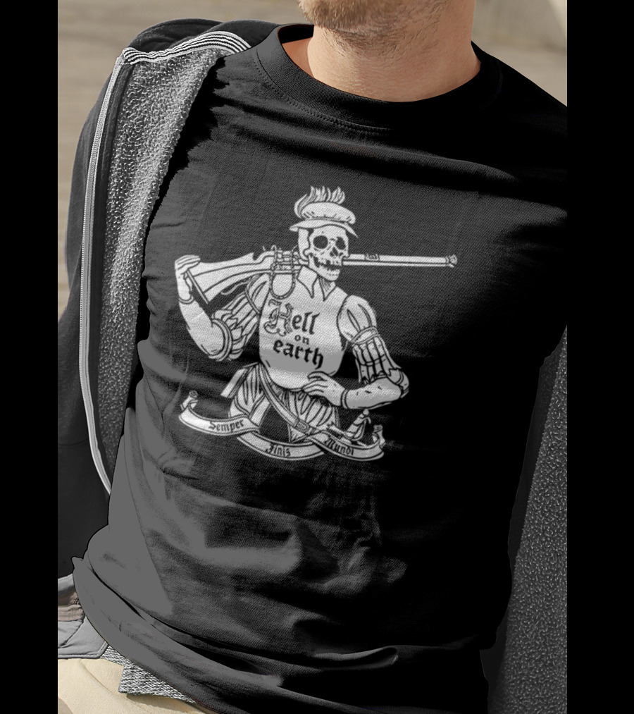 Hell On Earth Semper Finis Mundoi Skeleton Holding Rifle T-Shirt