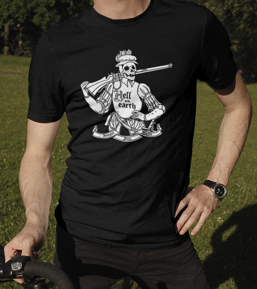 Hell On Earth Semper Finis Mundoi Skeleton Holding Rifle T-Shirt