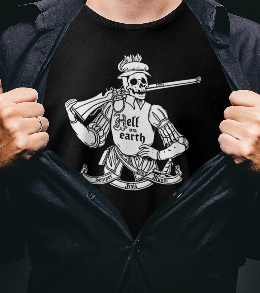 Hell On Earth Semper Finis Mundoi Skeleton Holding Rifle T-Shirt