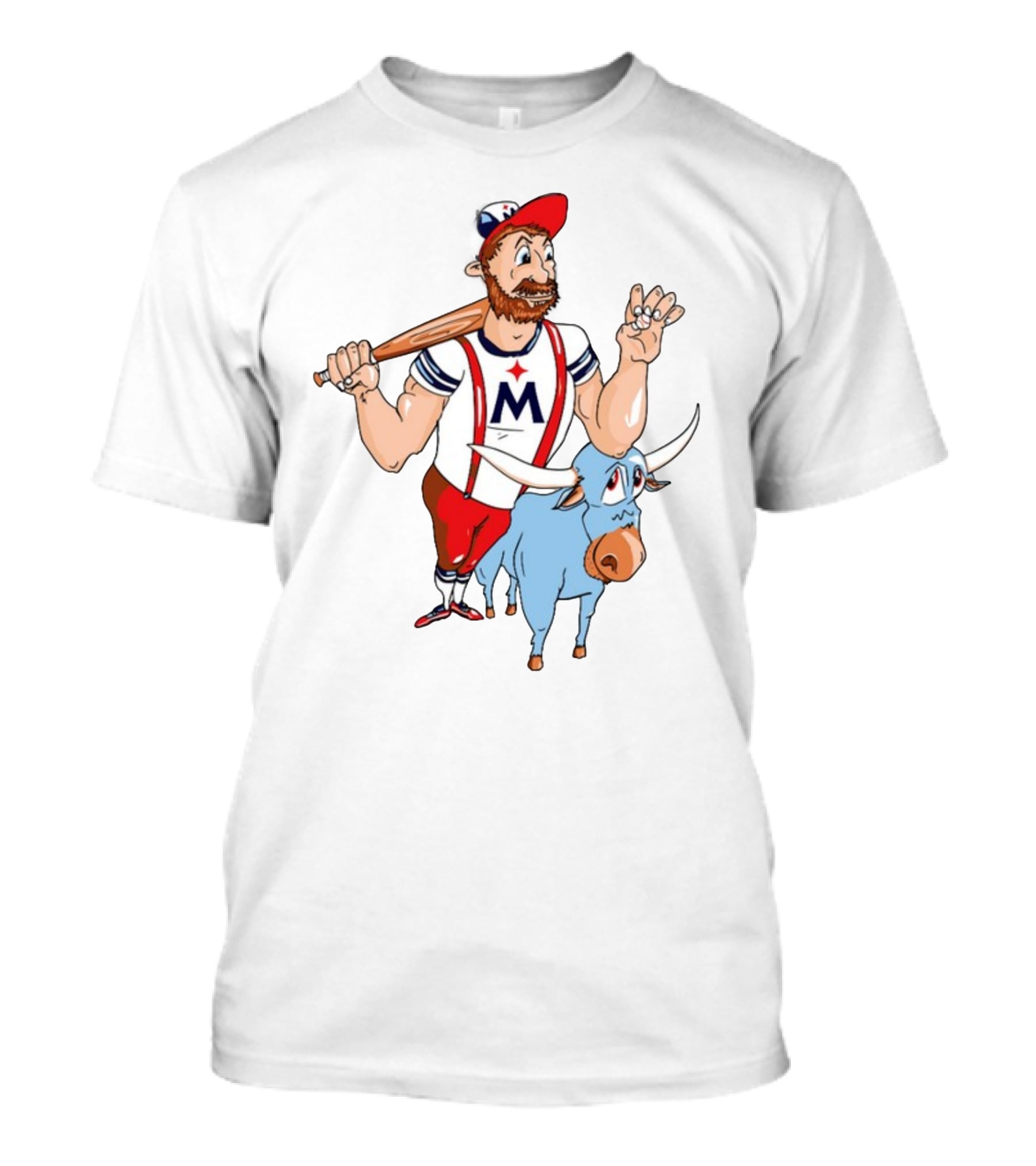 Barret Lee Paul Bunyan Cartoon Baseball Mascot With Blue Ox Babe And M T-Shirt