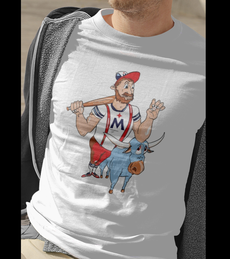 Barret Lee Paul Bunyan Cartoon Baseball Mascot With Blue Ox Babe And M T-Shirt