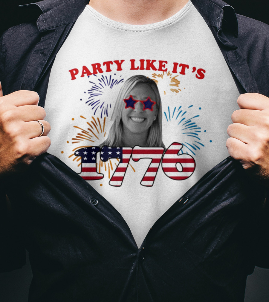 MTG Shop Marjorie Taylor Party Like It's 1776 Fireworks Star Glasses Patriotic T-Shirt