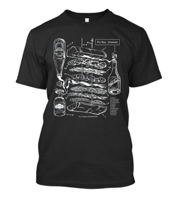 Po-Boy Dressed Blueprint With Hot Sauce And Ingredients Patent Diagram T-Shirt