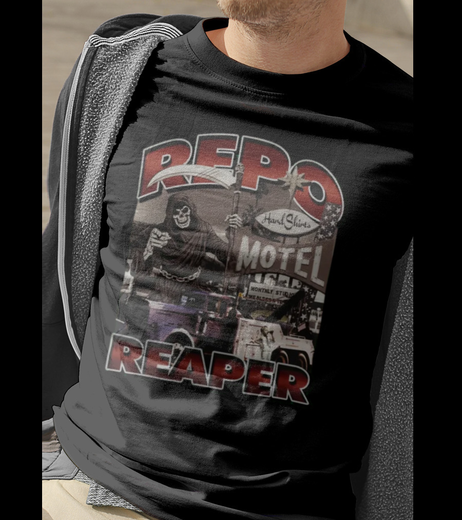 Repo Reaper Grim Skeleton Scythe Hard Slines Motel Scene T-Shirt