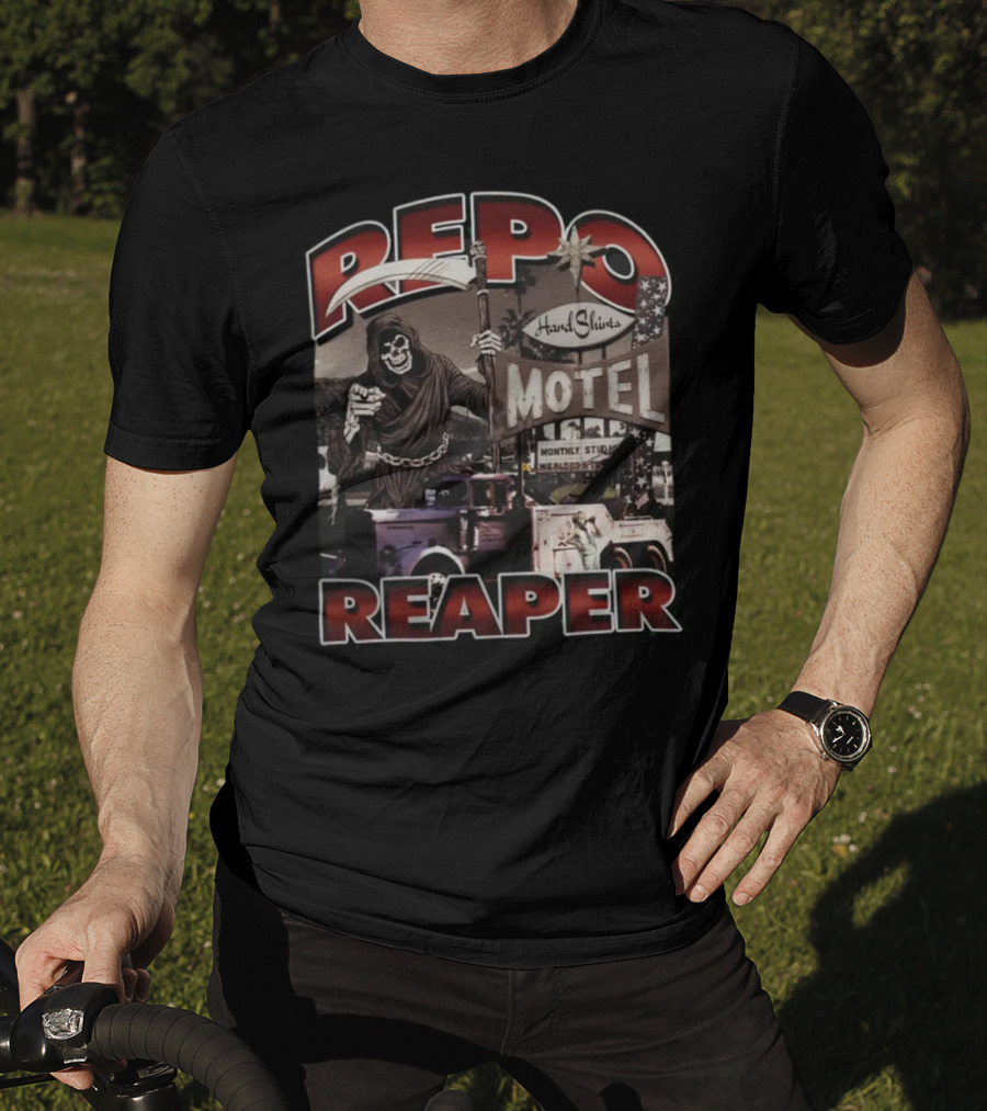 Repo Reaper Grim Skeleton Scythe Hard Slines Motel Scene T-Shirt