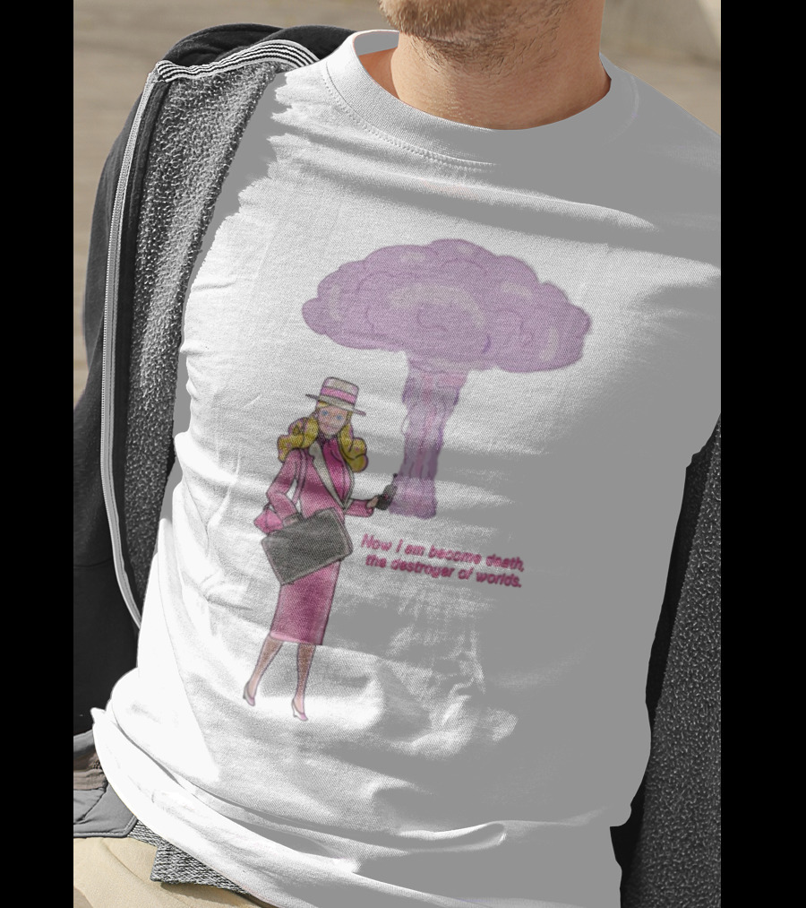 Now I Am Become Death The Destroyer Of Worlds Blonde Woman Pink Outfit Holding Bag Phone With Purple Mushroom Cloud T-Shirt