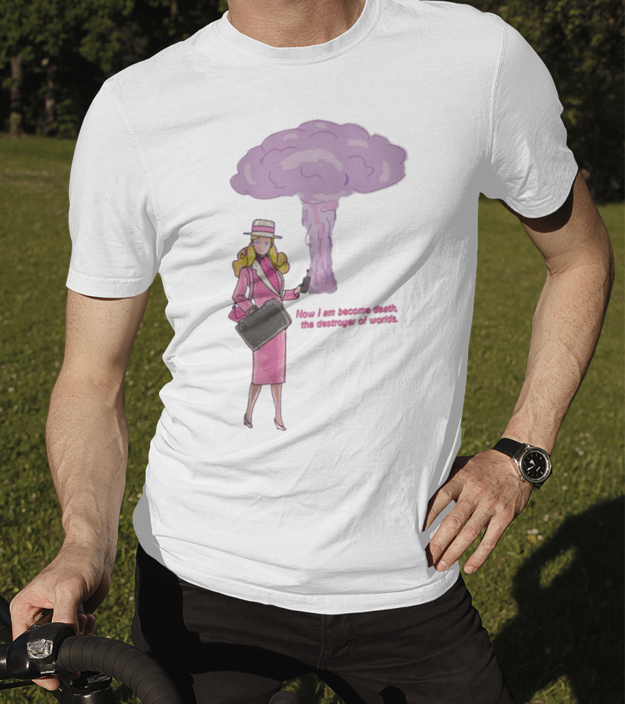 Now I Am Become Death The Destroyer Of Worlds Blonde Woman Pink Outfit Holding Bag Phone With Purple Mushroom Cloud T-Shirt