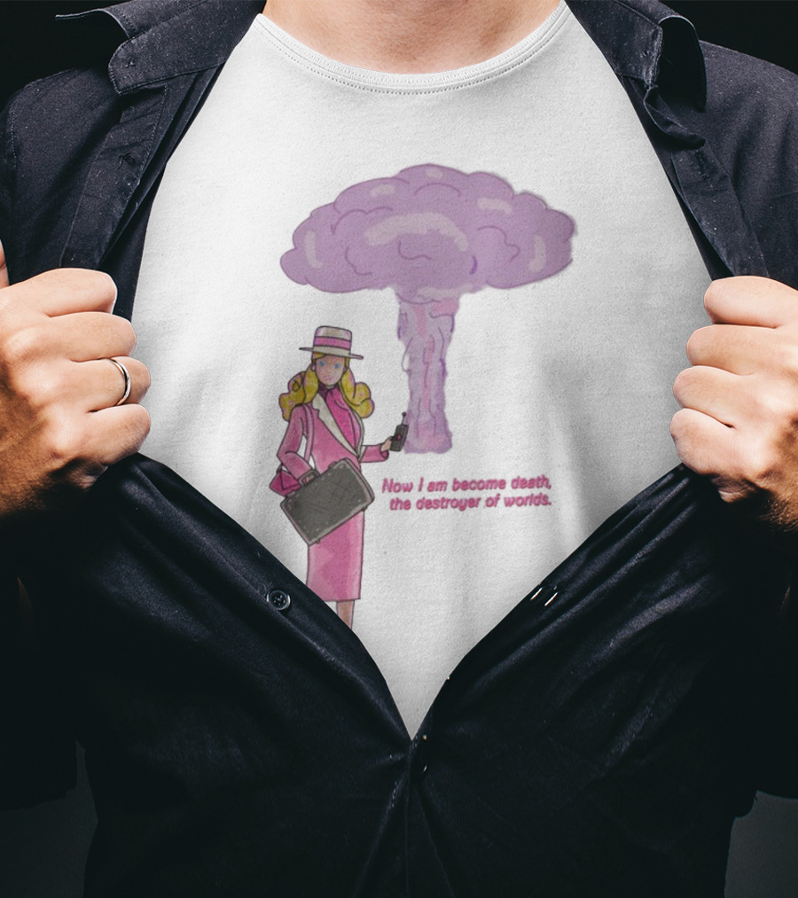 Now I Am Become Death The Destroyer Of Worlds Blonde Woman Pink Outfit Holding Bag Phone With Purple Mushroom Cloud T-Shirt