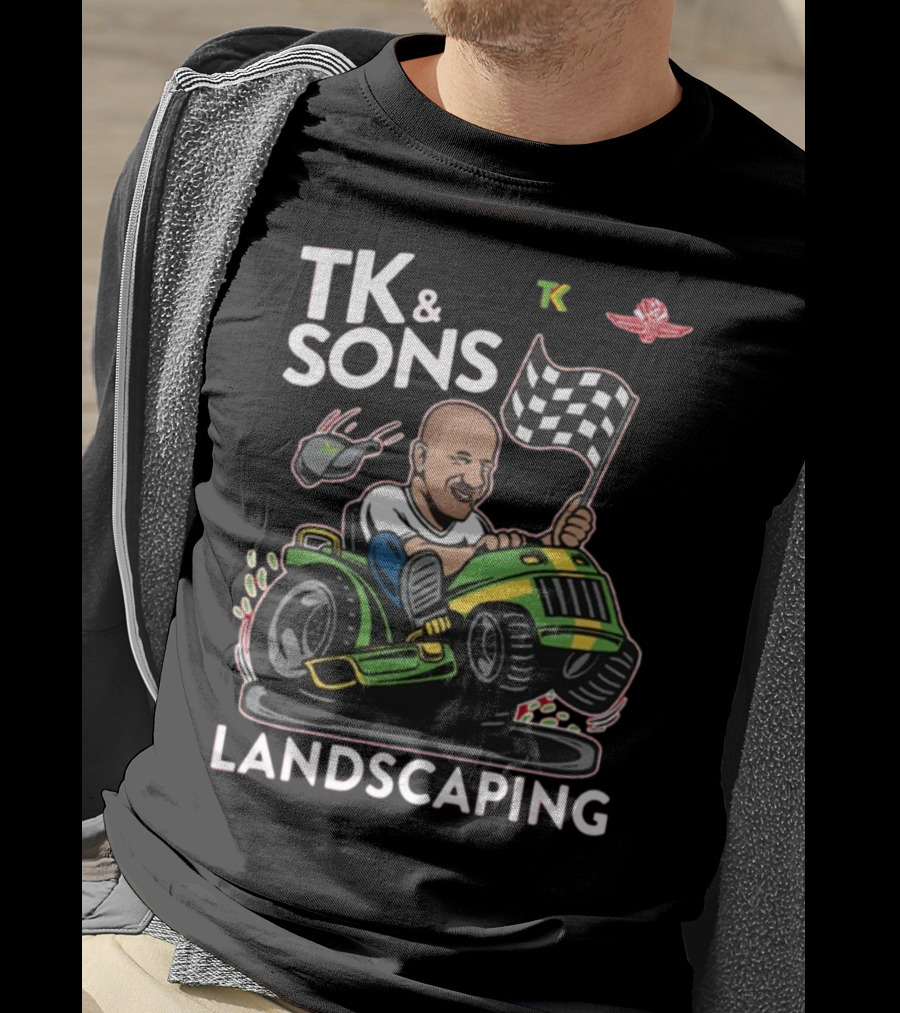 TK And Sons Landscaping Racing Lawn Mower Checkered Flag Victory T-Shirt