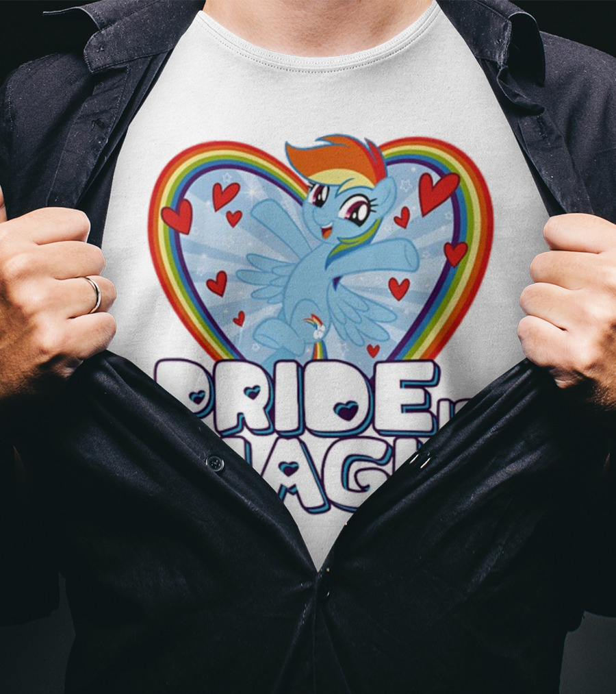 Pride Is Magic Rainbow Heart Flying Pony With Stars And Hearts T-Shirt