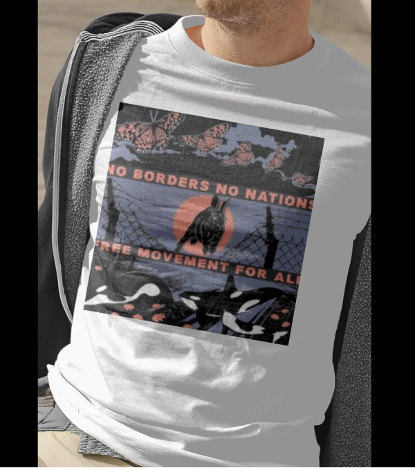 No Borders No Nations Free Movement For All Butterflies Rabbit Orcas Fence Orange Background T-Shirt