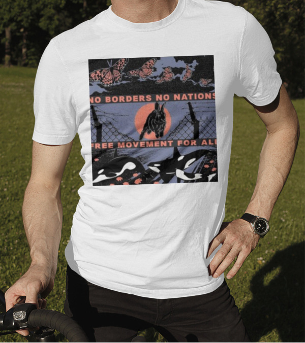 No Borders No Nations Free Movement For All Butterflies Rabbit Orcas Fence Orange Background T-Shirt
