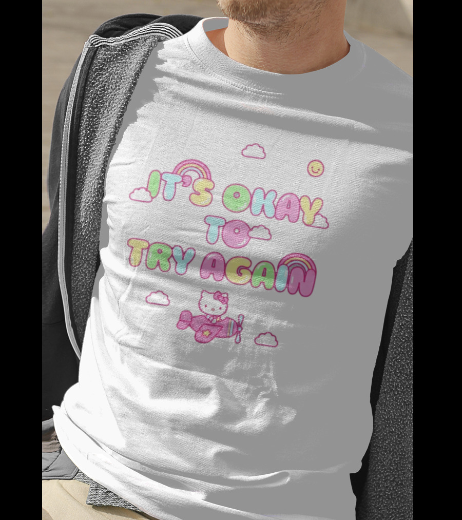 Hello Kitty It's Okay To Try Again Rainbow Clouds Airplane T-Shirt