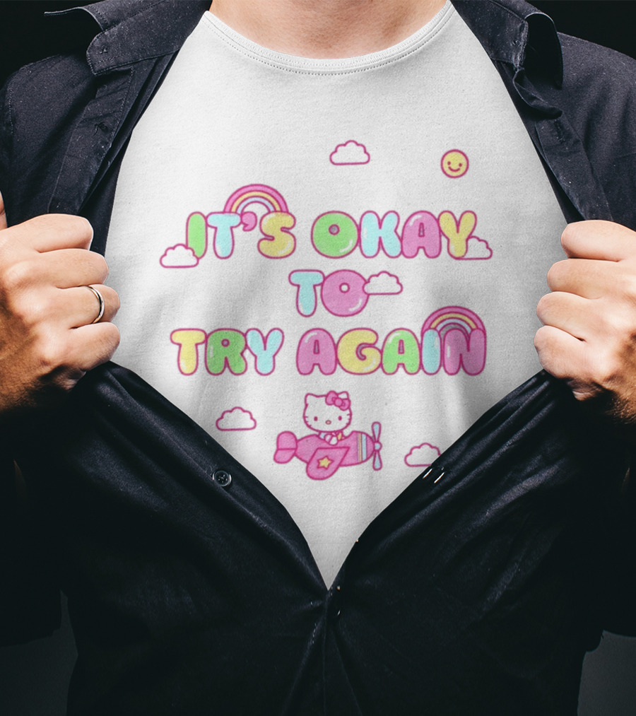 Hello Kitty It's Okay To Try Again Rainbow Clouds Airplane T-Shirt