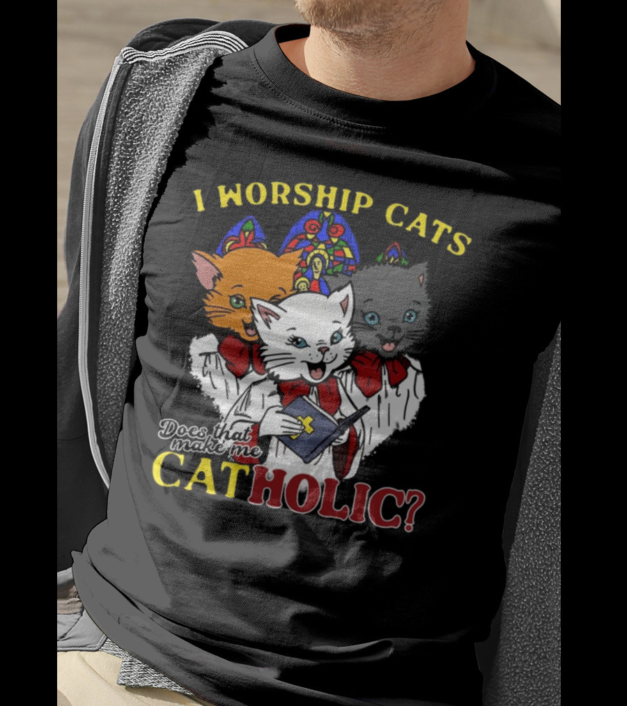 I Worship Cats Does That Make Me Catholic Cat Choir Stained Glass T-Shirt