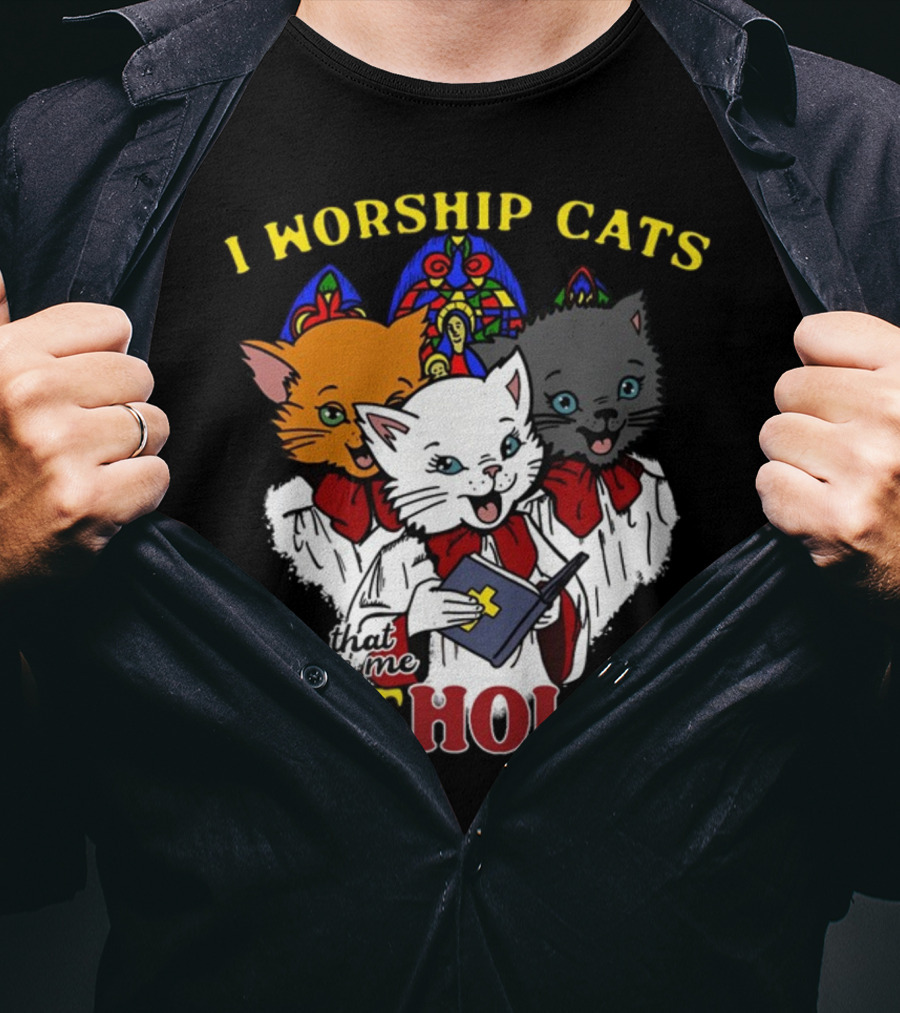 I Worship Cats Does That Make Me Catholic Cat Choir Stained Glass T-Shirt