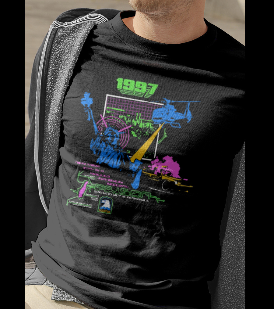 1997 New York City Is A Walled Maximum Security Prison Breaking Out Is Impossible Helicopter Statue Of Liberty Explosion Scene T-Shirt