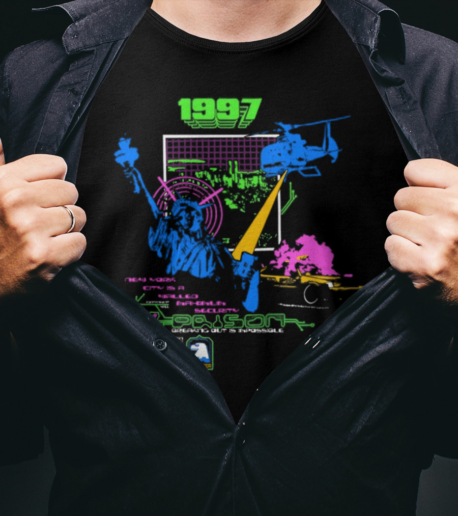 1997 New York City Is A Walled Maximum Security Prison Breaking Out Is Impossible Helicopter Statue Of Liberty Explosion Scene T-Shirt