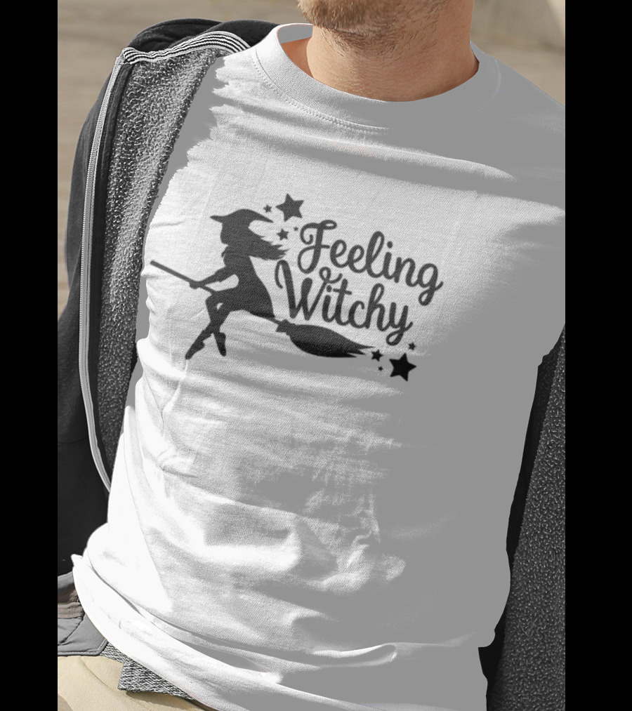 Feeling Witchy Black Silhouette Witch On Broomstick With Stars T-Shirt